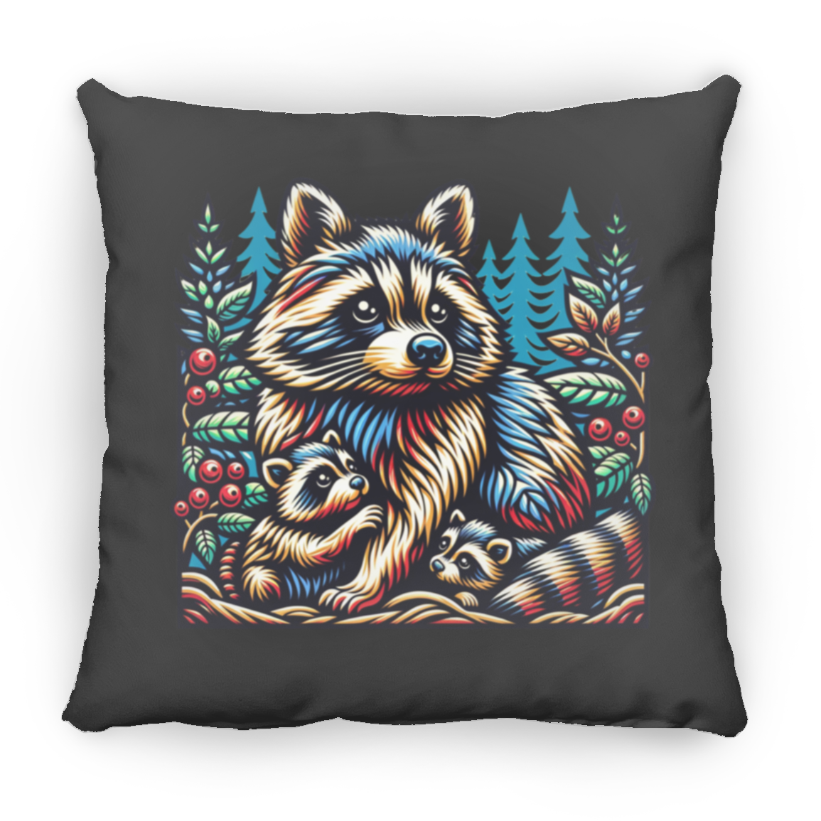 Woodcut Raccoon and Kits - Throw Pillows