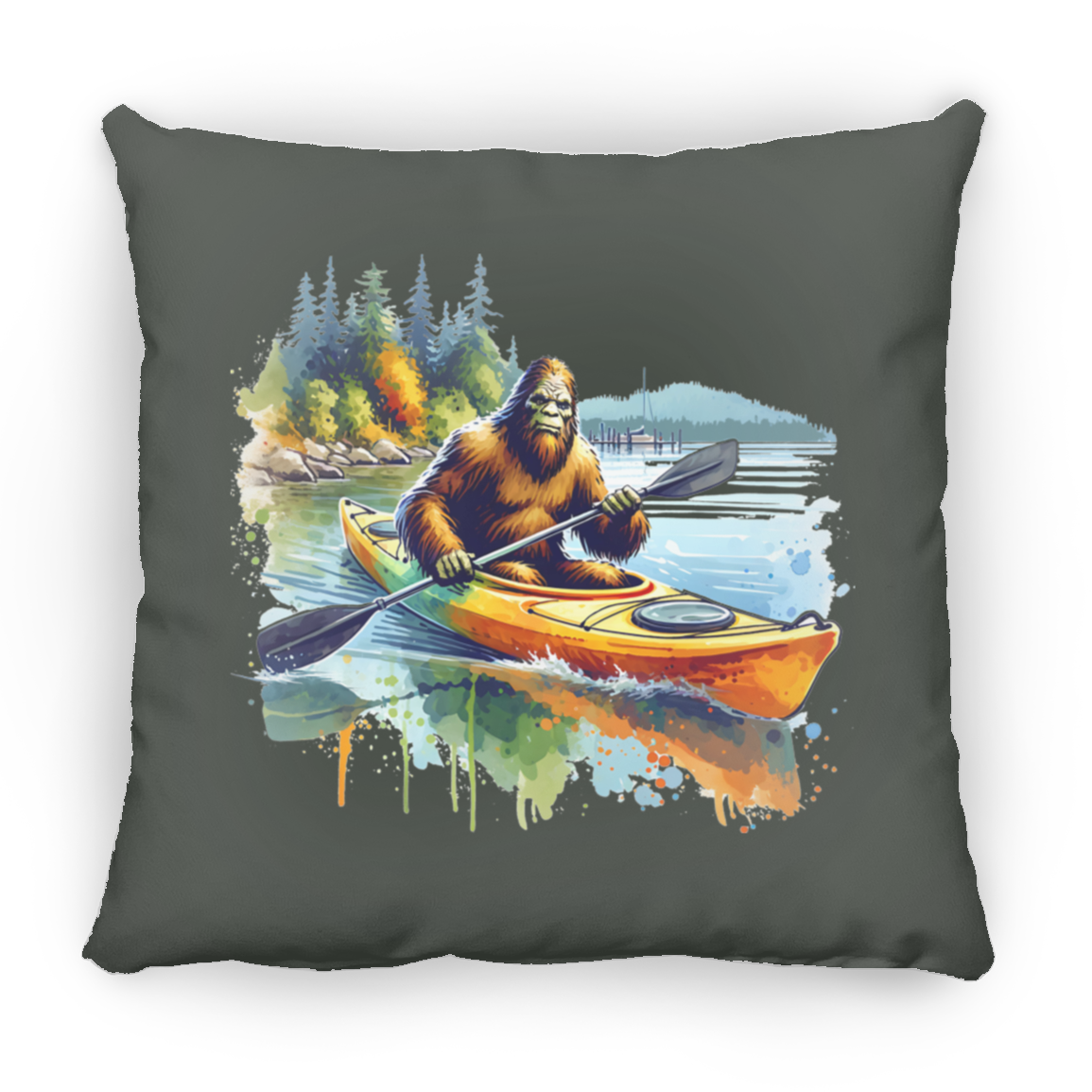 Sasquatch in Kayak Throw Pillows