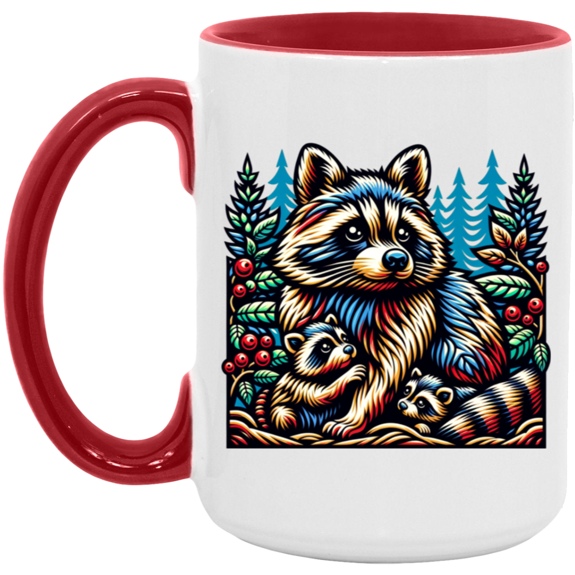Woodcut Raccoon and Kits Mugs