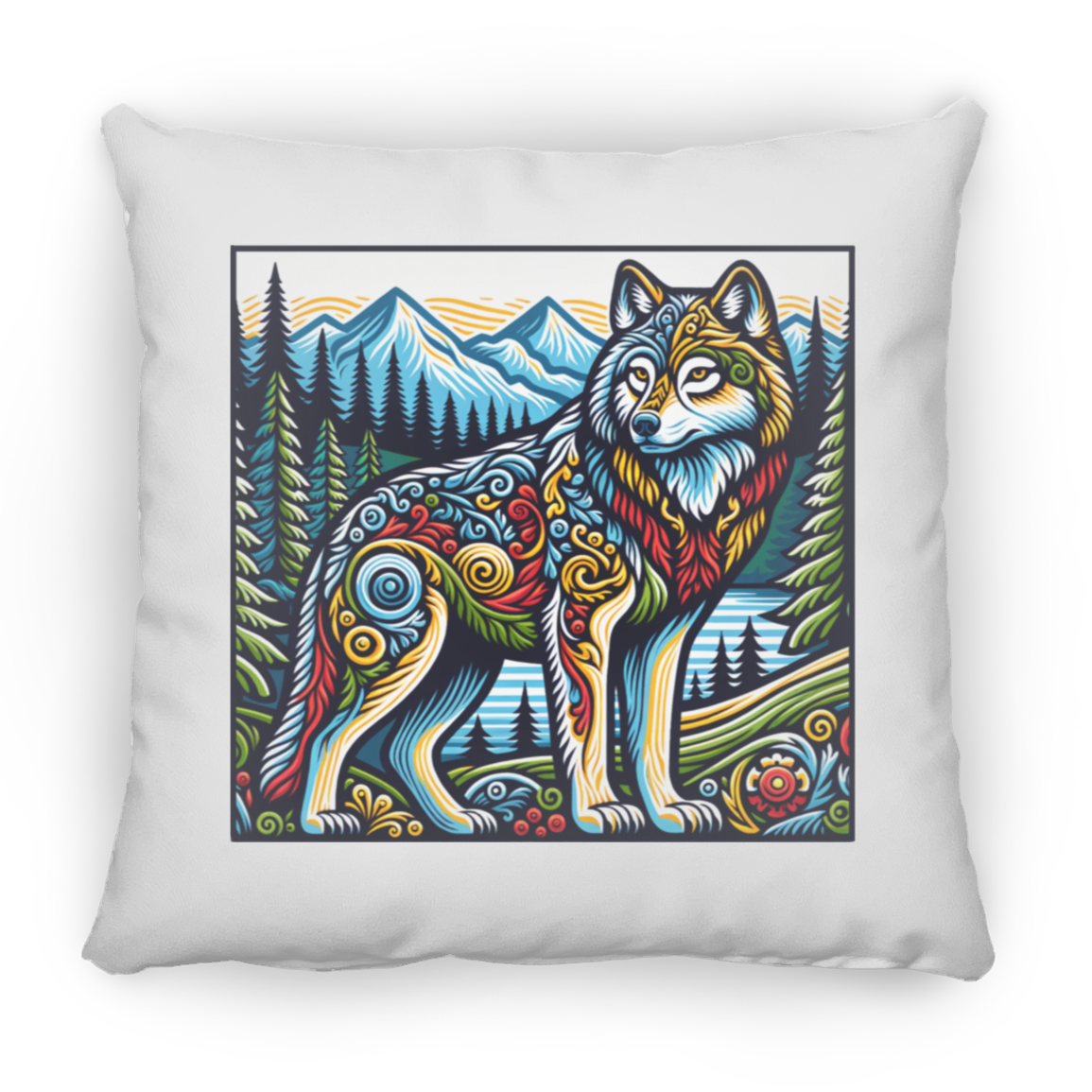Folk Art Wolf - Throw Pillows