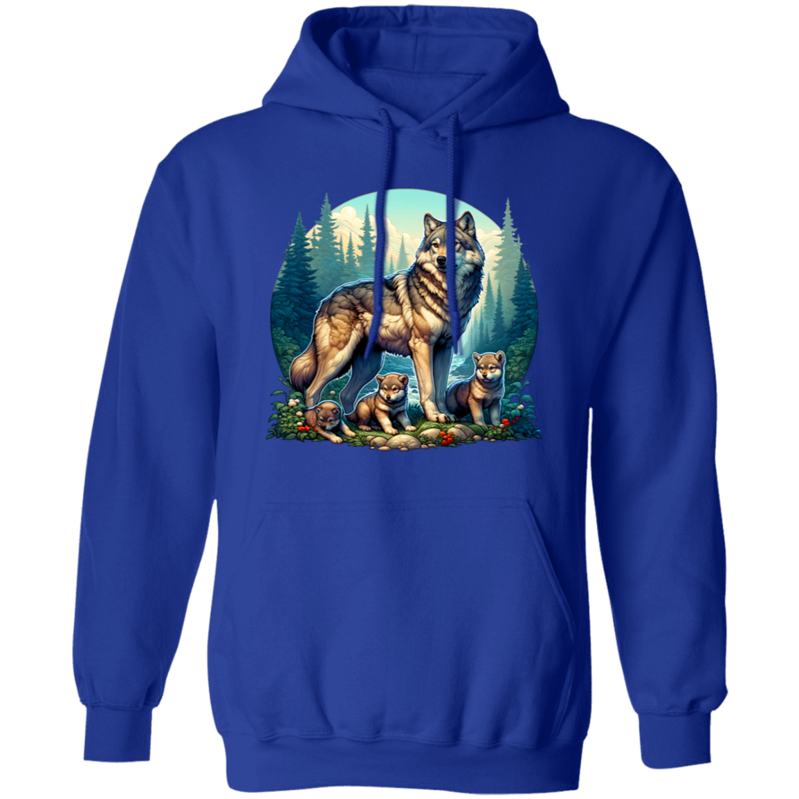 Wolf with 3 Pups hoodie in Royal blue