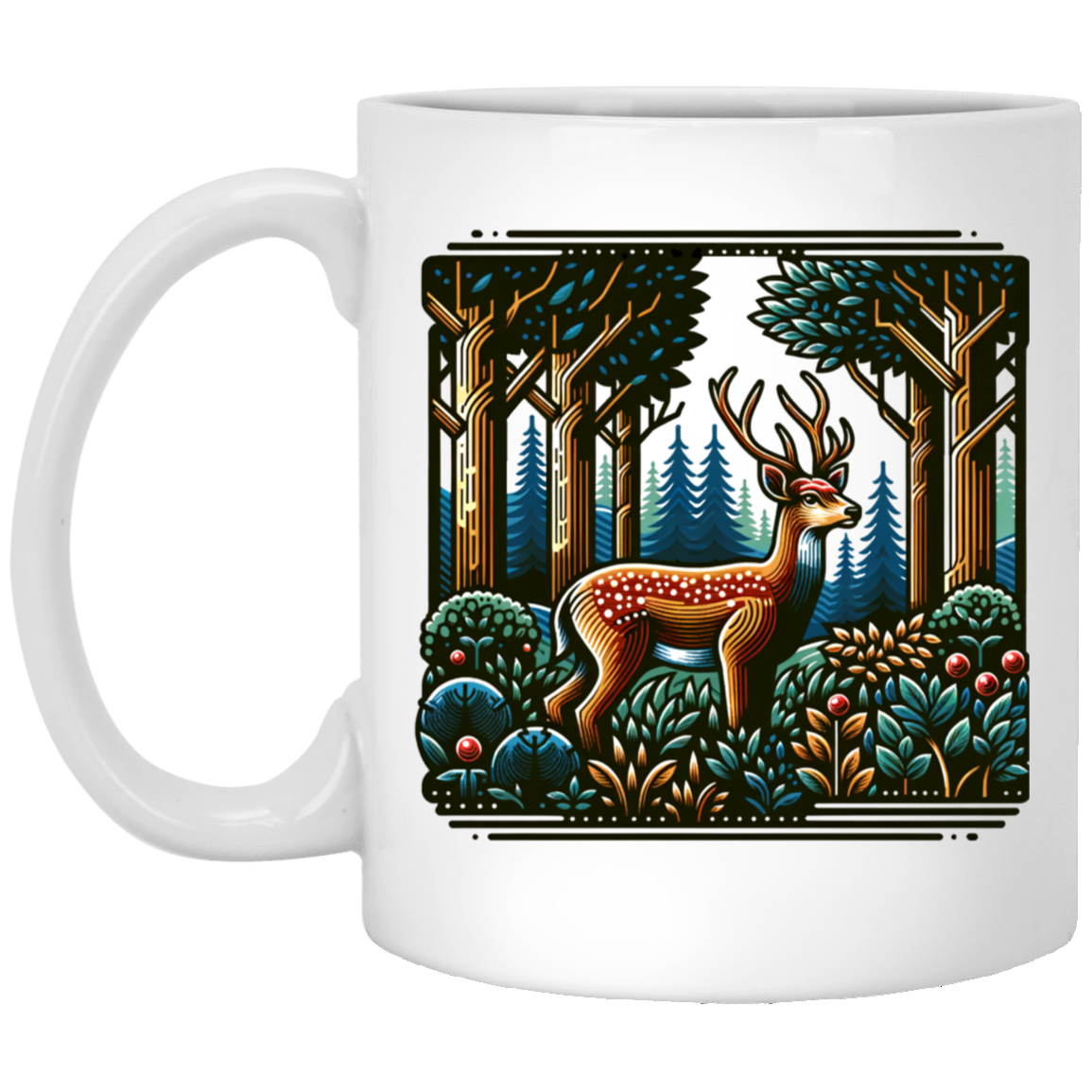 Deer in Forest Block Print - Mugs