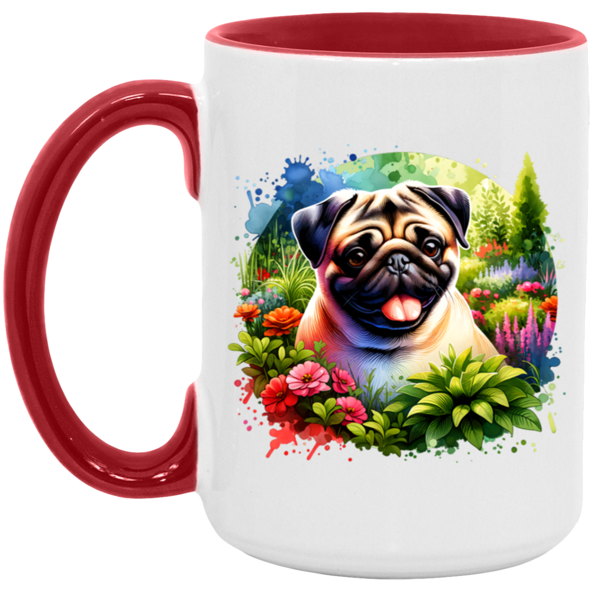 Pug in Garden 15 ounce Accent red