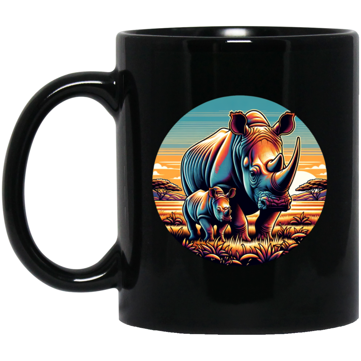 Rhino Mom and Calf Circle Graphic Mugs