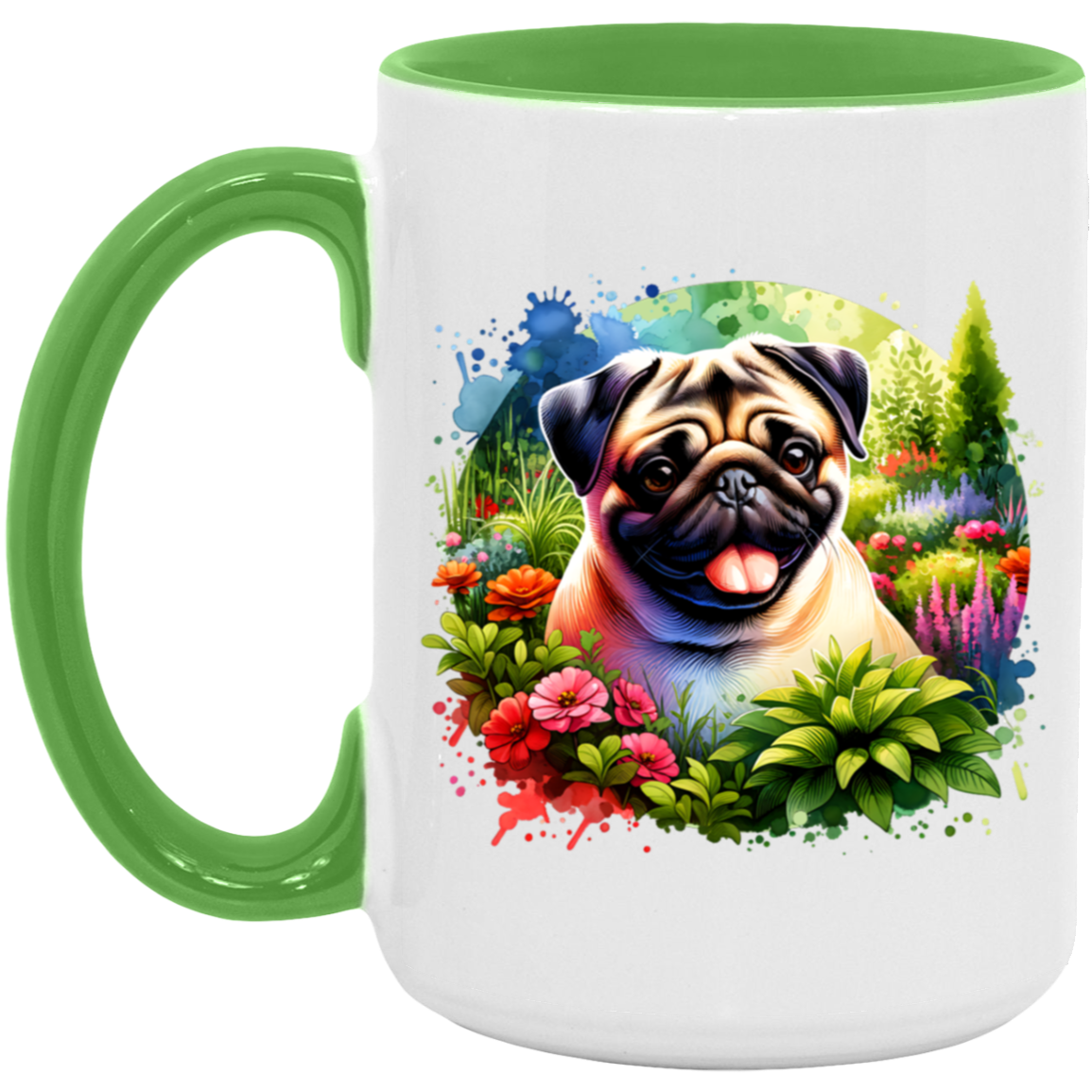 Pug in Garden 15 ounce Accent green