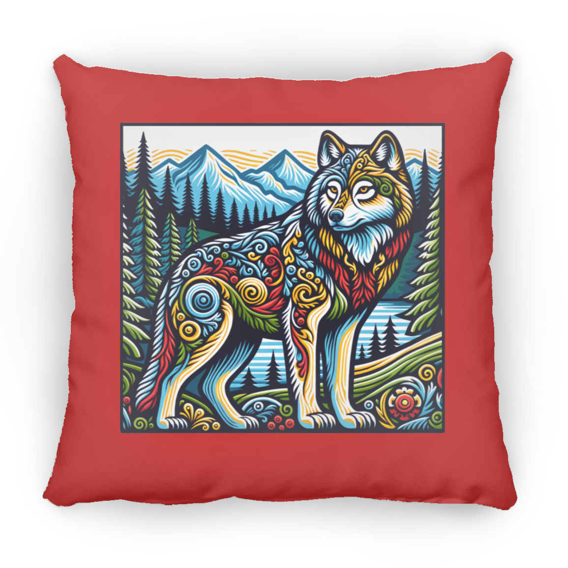Folk Art Wolf - Throw Pillows