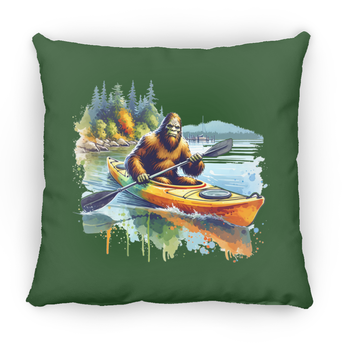 Sasquatch in Kayak Throw Pillows