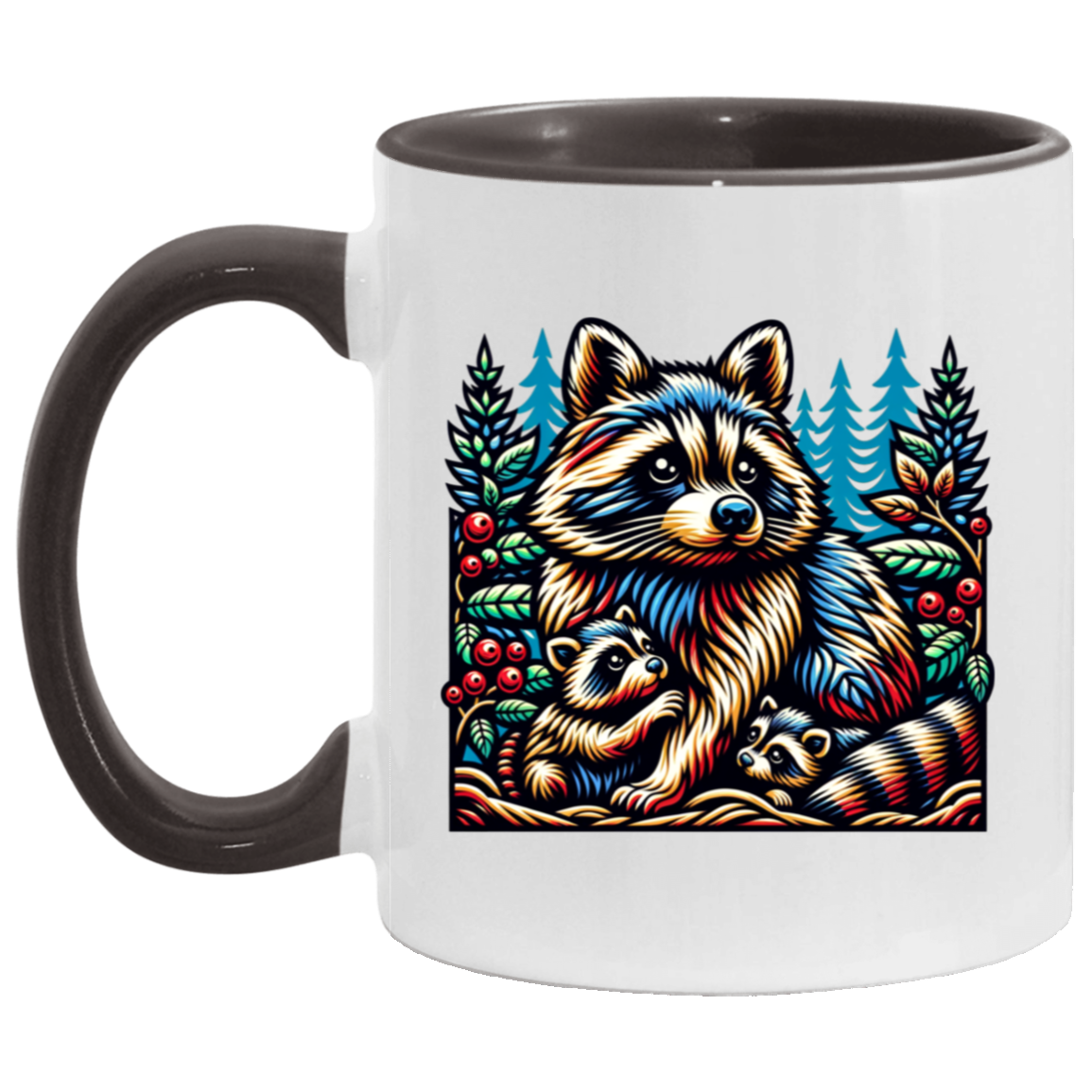 Woodcut Raccoon and Kits Mugs