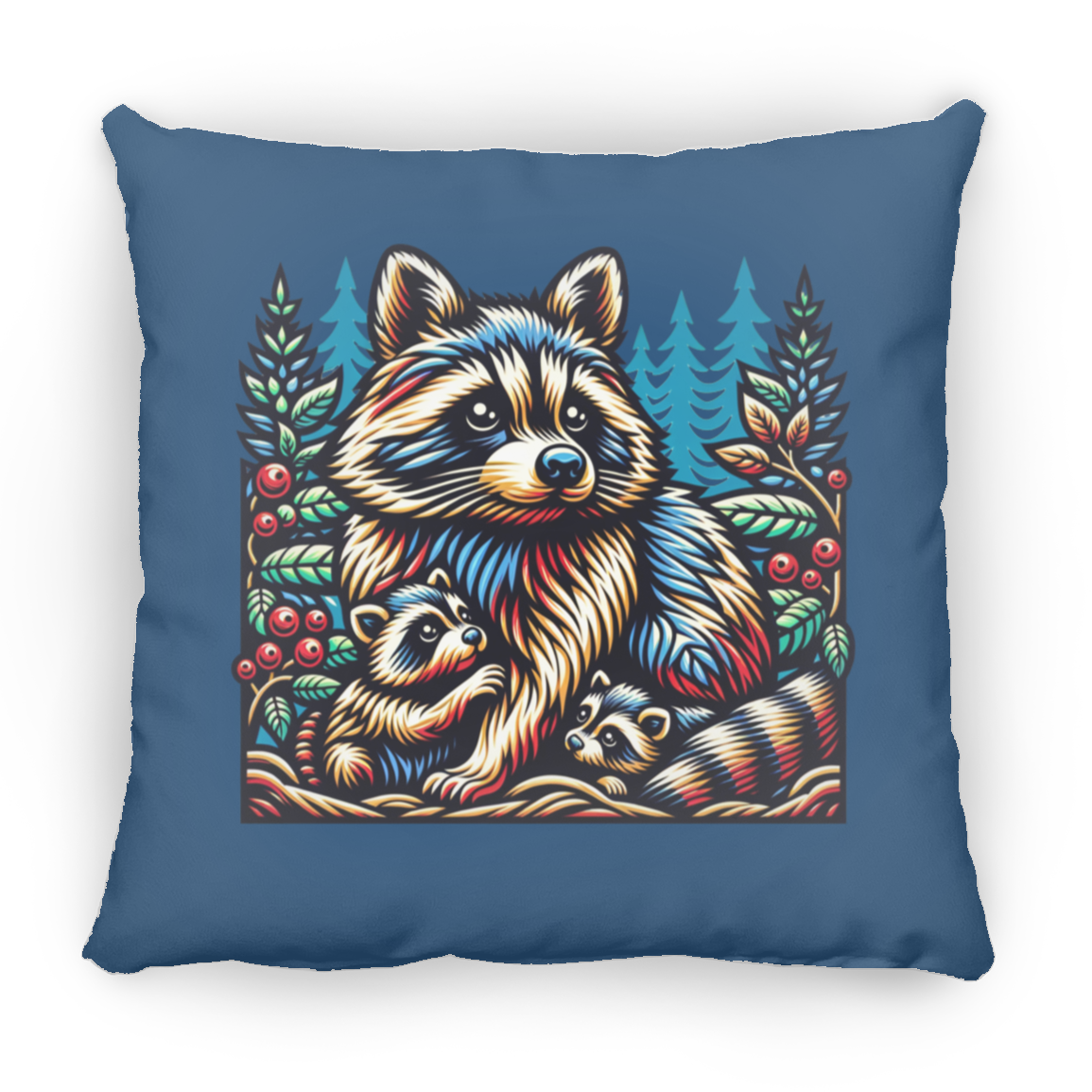 Woodcut Raccoon and Kits - Throw Pillows