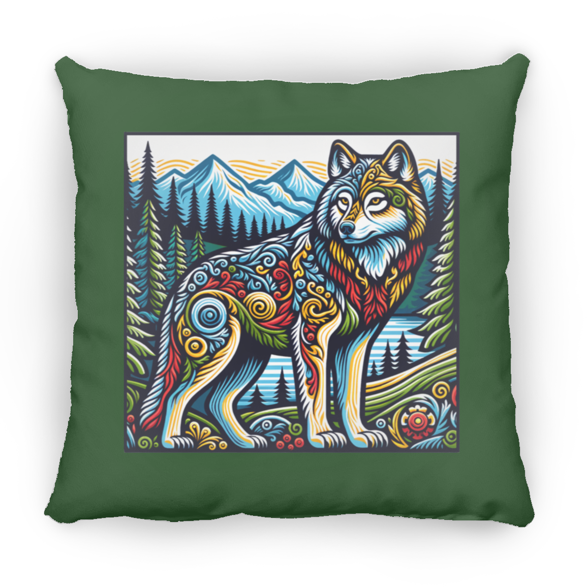 Folk Art Wolf - Throw Pillows
