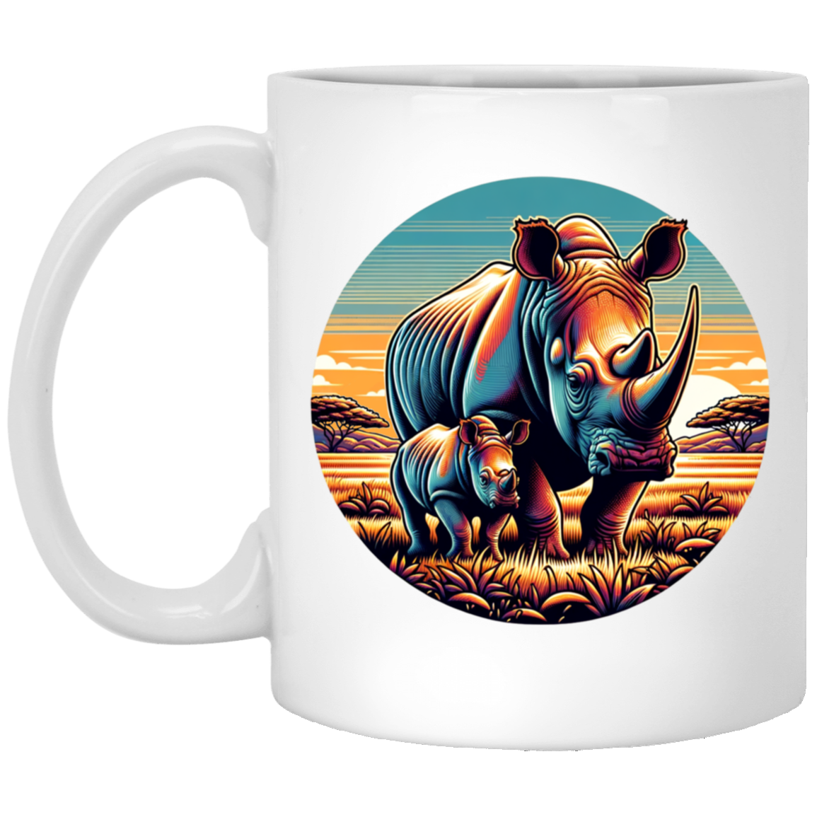 Rhino Mom and Calf Circle Graphic Mugs