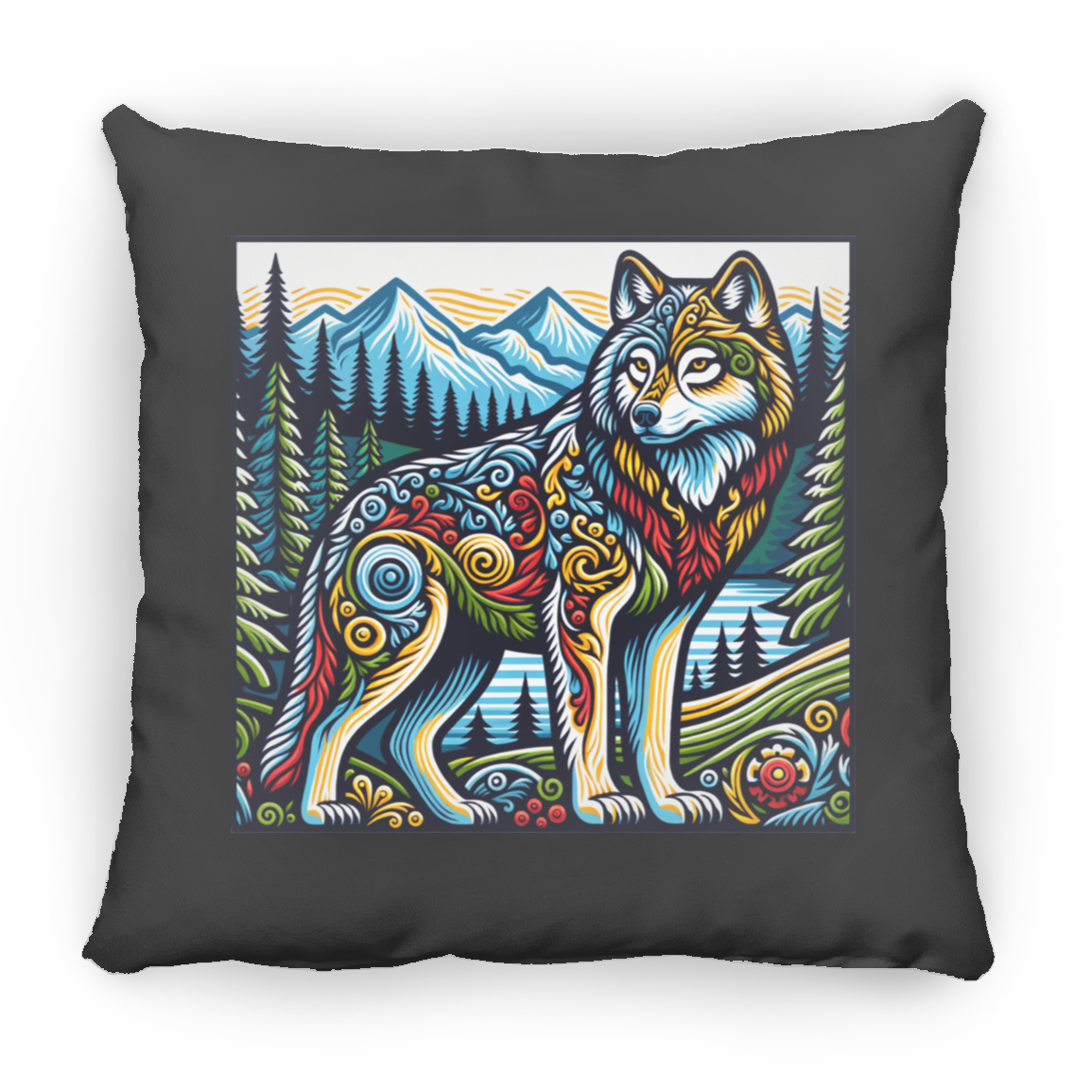 Folk Art Wolf - Throw Pillows
