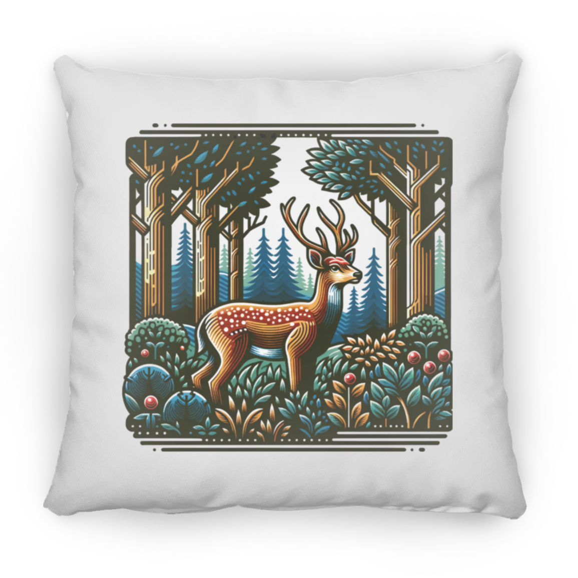 Deer in Forest Block Print - Throw Pillows