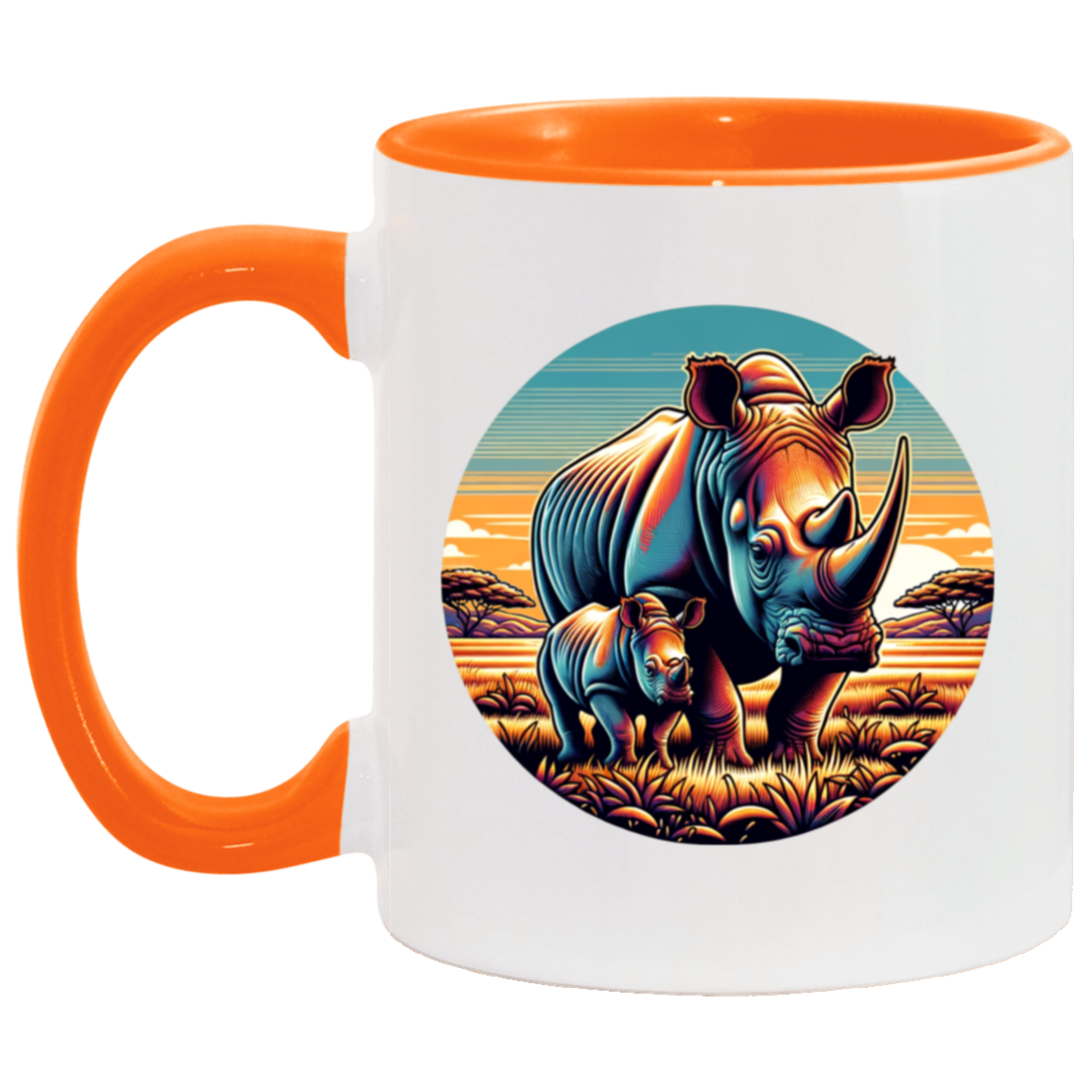 Rhino Mom and Calf Circle Graphic Mugs
