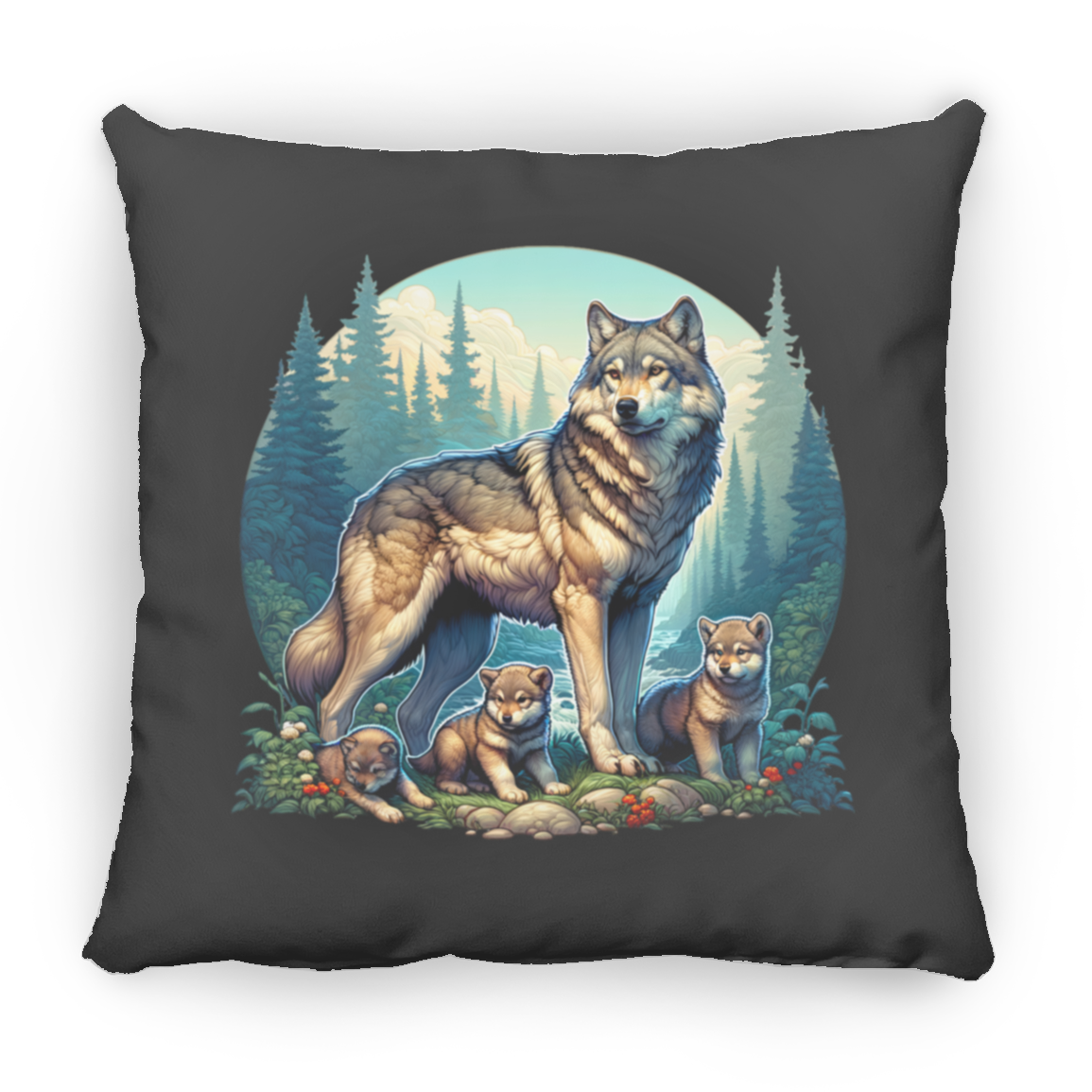 Wolf with 3 Pups - Throw Pillows
