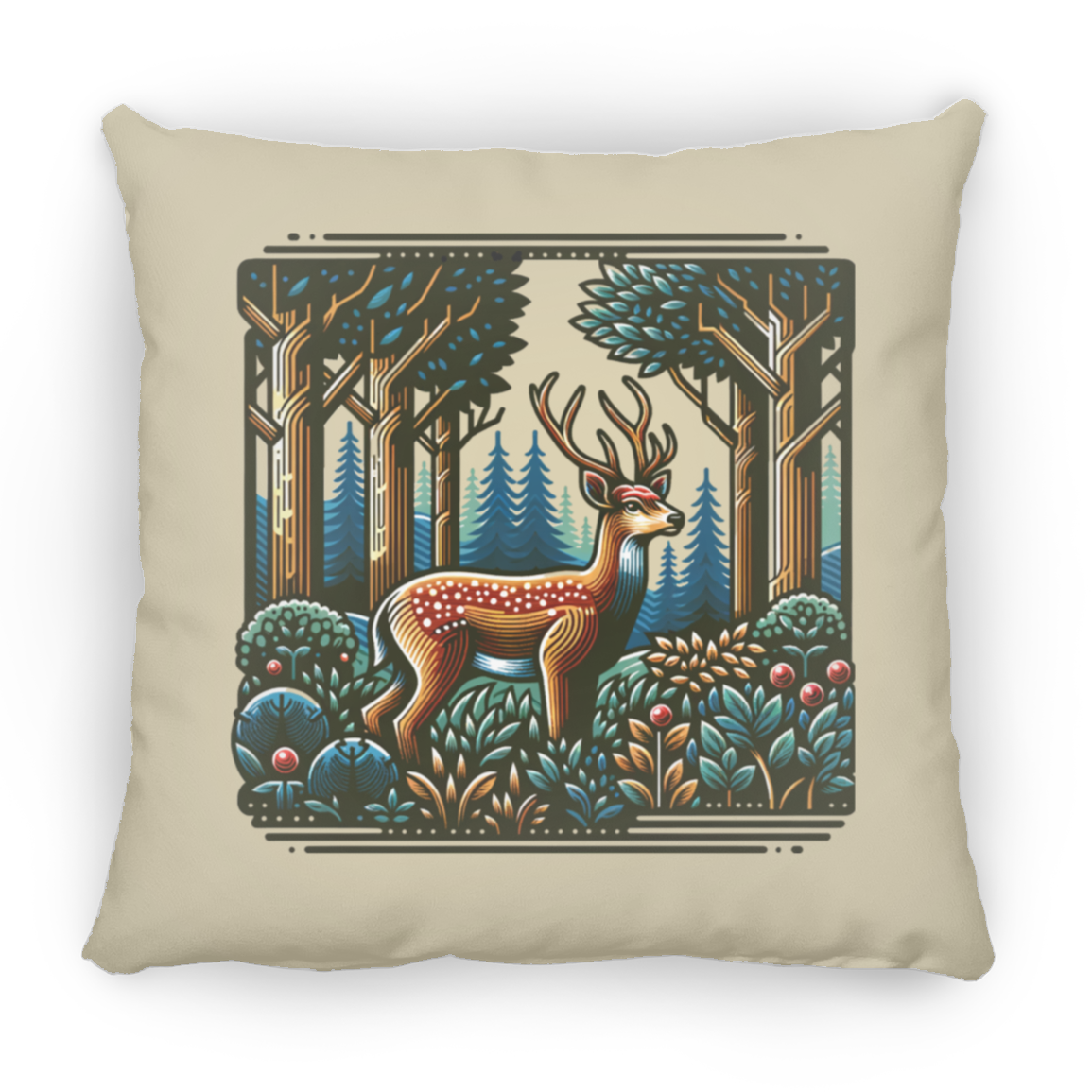 Deer in Forest Block Print - Throw Pillows