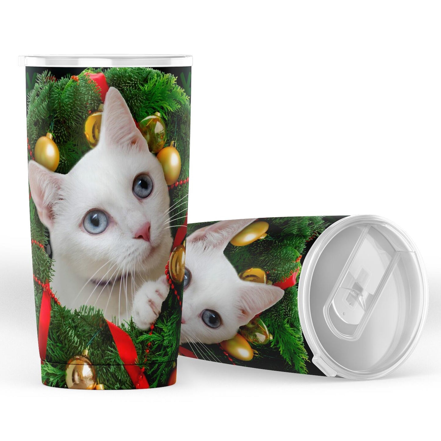 White Kitty in Wreath - Christmas Travel Mug