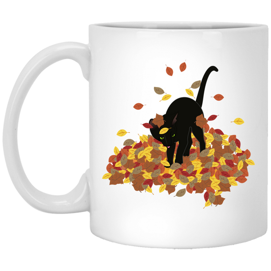 Cat in Leaves - White Mugs