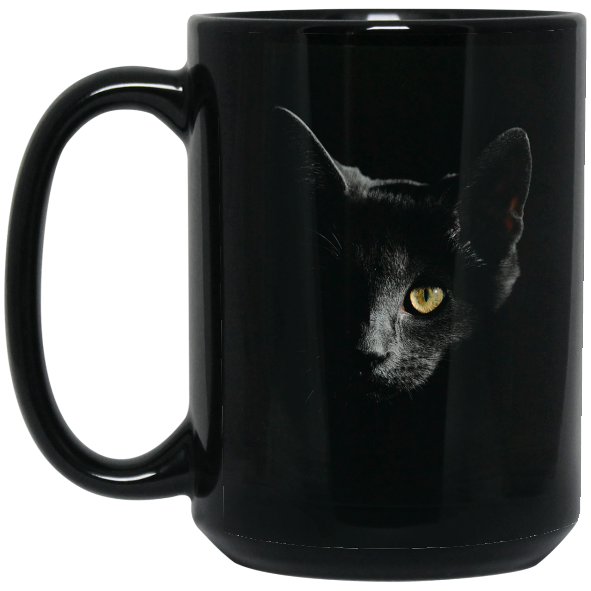 Smokey Gray Cat Face 11 and 15 oz Black Mugs