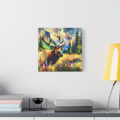 Bull Elk in Mountain Meadow Impressionist Canvas Art Print