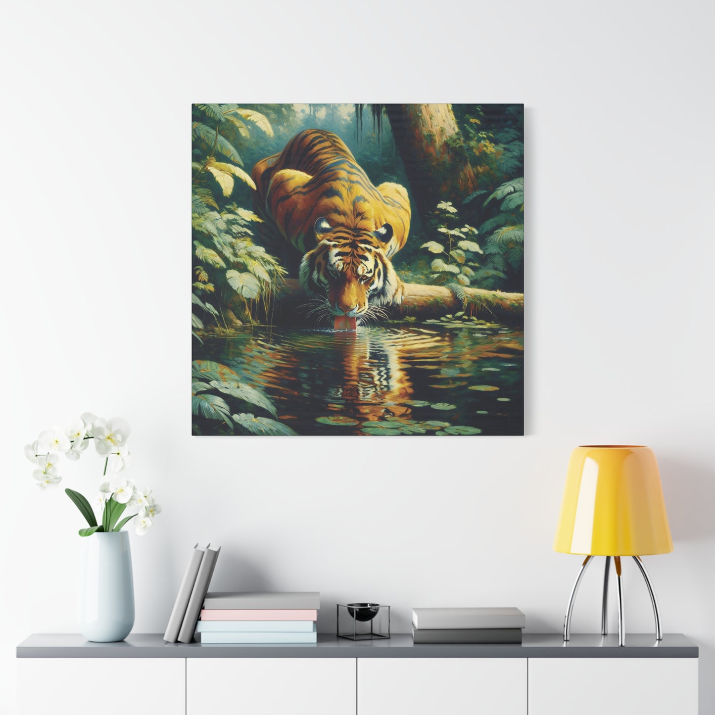 Tiger at Pond Impressionist Canvas Art Print