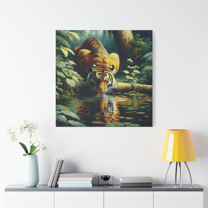 Tiger at Pond Impressionist Canvas Art Print