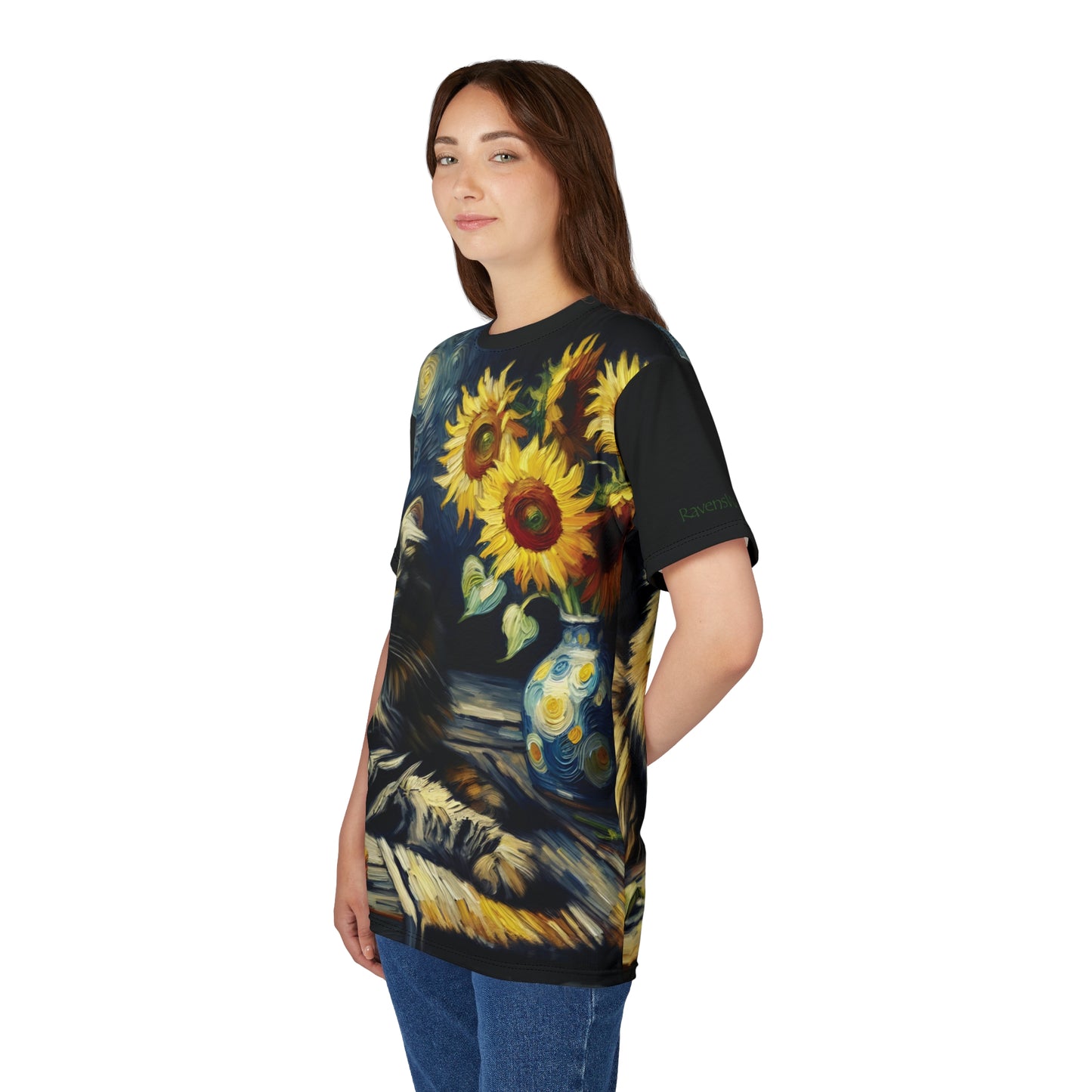 Grey Tabby Cat with Sunflowers Vibrant Art Tee | Colorful Unisex Cut & Sew T-Shirt, Cat Lover Apparel, Unique Graphic Tee, Birthday Gift