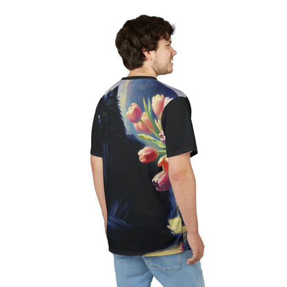 The Artist's Black Cat with Pink Tulips Vibrant Art Tee | Colorful Unisex Cut & Sew T-Shirt, Wildlife Apparel, Unique Graphic Tee, Birthday Gift