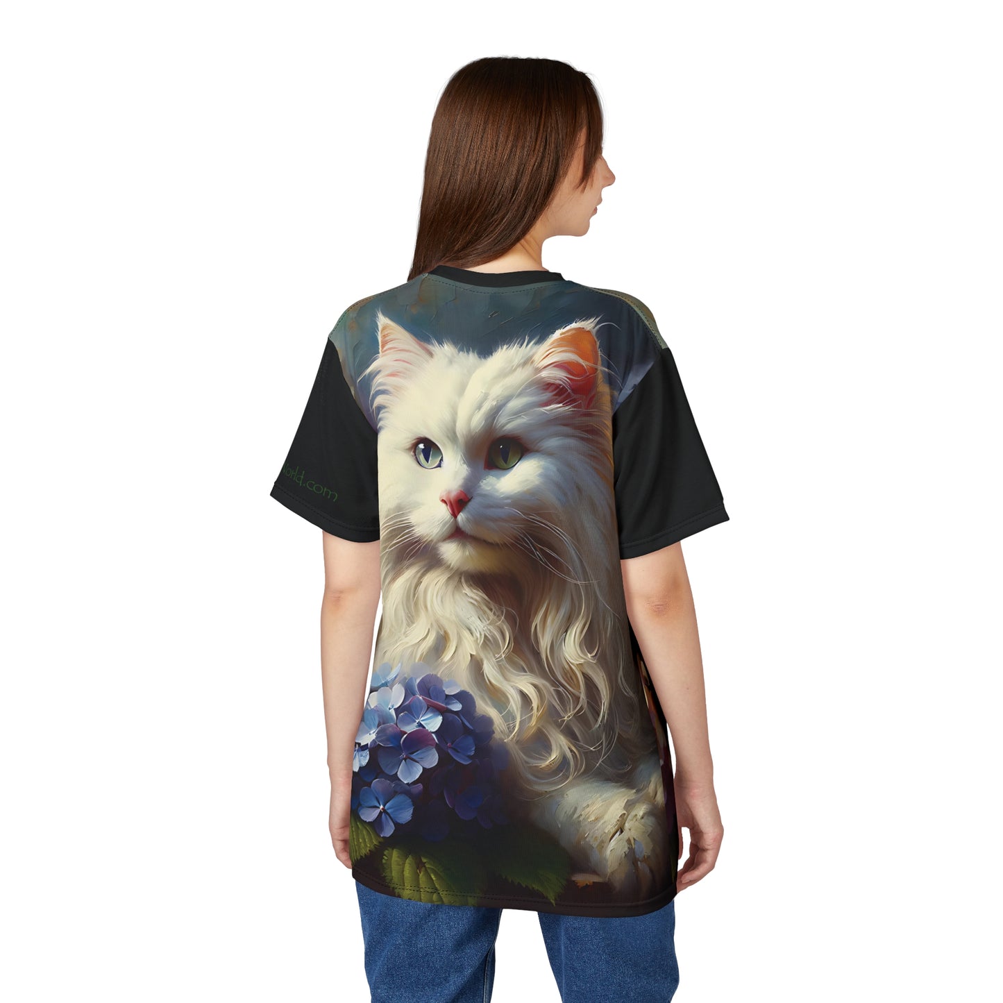 Young White Cat with Hydrangeas Vibrant Art Tee | Colorful Unisex Cut & Sew T-Shirt, Cat Lover Apparel, Unique Graphic Tee, Birthday Gift