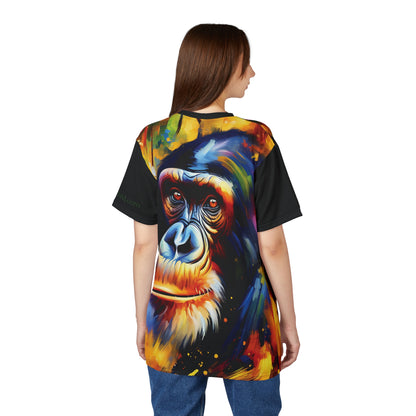 Curious Bonobo Vibrant Art Tee | Colorful Unisex Cut & Sew T-Shirt, Wildlife Apparel, Unique Graphic Tee, Birthday Gift