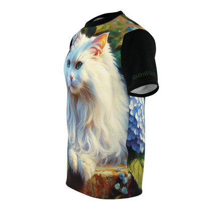 White Cat with Hydrangeas Vibrant Art Tee | Colorful Unisex Cut & Sew T-Shirt, Cat Lover Apparel, Unique Graphic Tee, Birthday Gift
