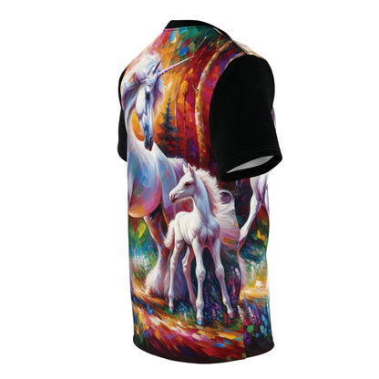 Unicorn Dad Meets Daughter Art Tee | Colorful Unisex Cut & Sew T-Shirt, Wildlife Apparel, Unique Graphic Tee