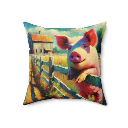 Pig Throw Pillow - Impressionist Style Art - Pig at Fence on Faux Suede Square Pillow