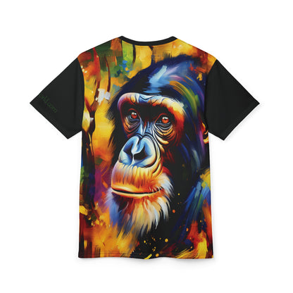 Curious Bonobo Vibrant Art Tee | Colorful Unisex Cut & Sew T-Shirt, Wildlife Apparel, Unique Graphic Tee, Birthday Gift