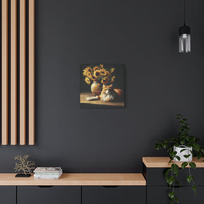 Canvas Wall Art - Orange and White Cat with Sunflowers Old Master Style Art