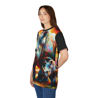 Rhinos at Sunset Art Tee | Colorful Unisex Cut & Sew T-Shirt, Wildlife Apparel, Unique Graphic Tee, Birthday Gift