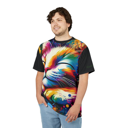 Contented Cat Vibrant Art Tee | Colorful Unisex Cut & Sew T-Shirt, Wildlife Apparel, Unique Graphic Tee, Birthday Gift