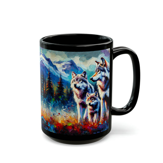 Gray Wolf Family - Black Mugs (11oz, 15oz)