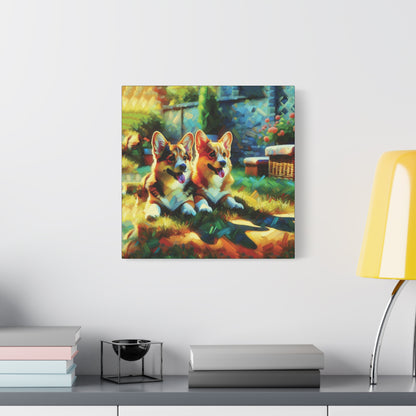 Canvas Wall Art - Pembroke Corgi Pair Resting in Garden - Contemporary Impressionist Print