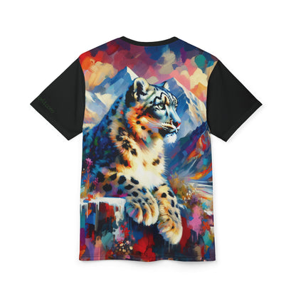 Himalayan Snow Leopard Vibrant Art Tee | Colorful Unisex Cut & Sew T-Shirt, Wildlife Apparel, Unique Graphic Tee, Birthday Gift