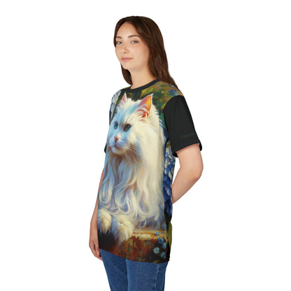 White Cat with Hydrangeas Vibrant Art Tee | Colorful Unisex Cut & Sew T-Shirt, Cat Lover Apparel, Unique Graphic Tee, Birthday Gift