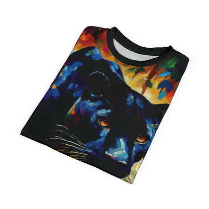 Stalking Black Panther in Jungle Vibrant Art Tee | Colorful Unisex Cut & Sew T-Shirt, Wildlife Apparel, Unique Graphic Tee, Birthday Gift