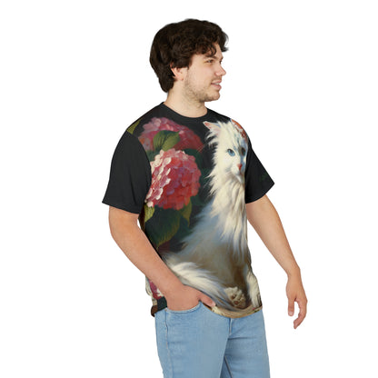 Blue-Eyed White Cat with Pink Hydrangeas Vibrant Art Tee | Colorful Unisex Cut & Sew T-Shirt, Wildlife Apparel, Unique Graphic Tee, Birthday Gift
