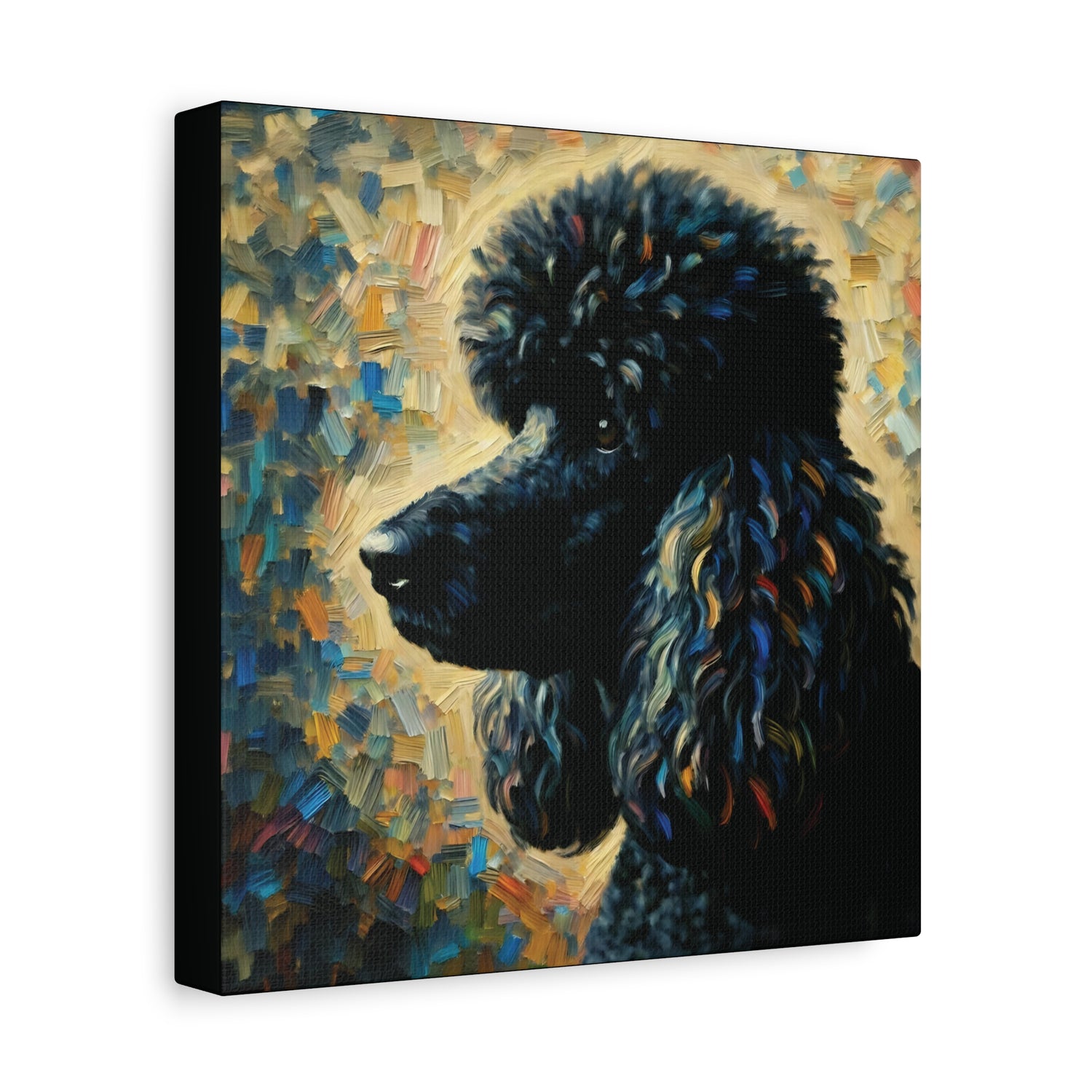Canvas print of a stylized black poodle against a colorful abstract background
