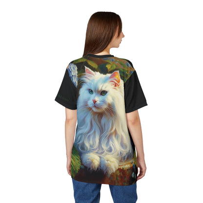 White Cat with Hydrangeas Vibrant Art Tee | Colorful Unisex Cut & Sew T-Shirt, Cat Lover Apparel, Unique Graphic Tee, Birthday Gift