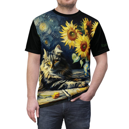 Grey Tabby Cat with Sunflowers Vibrant Art Tee | Colorful Unisex Cut & Sew T-Shirt, Cat Lover Apparel, Unique Graphic Tee, Birthday Gift