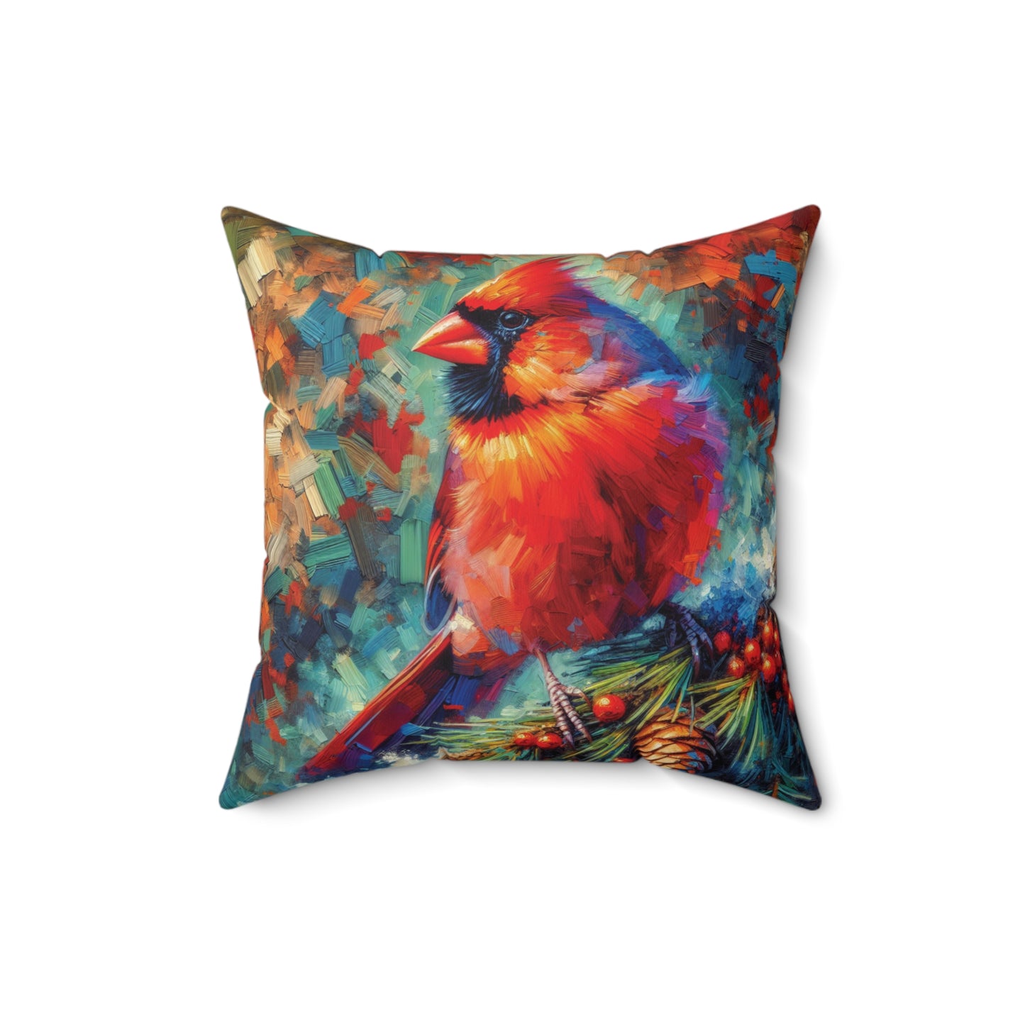 Cardinal with Berries - Square Throw Pillows