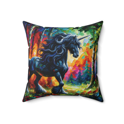 Elegant Black Stallion Unicorn - Square Pillow