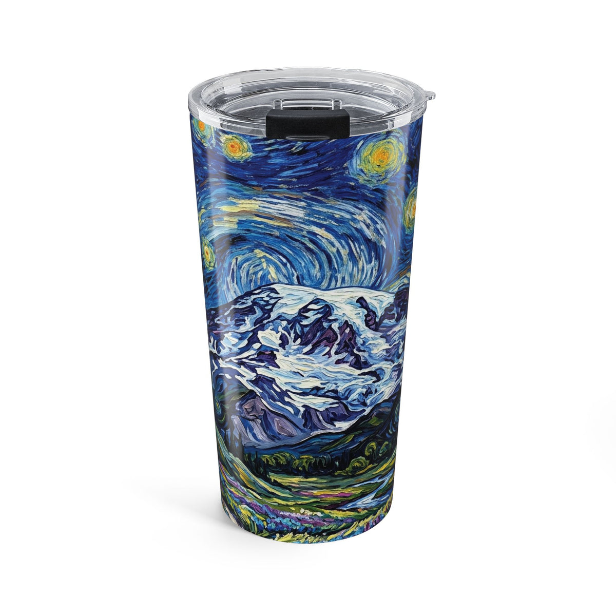 20oz Starry Night Mt Rainier Tumbler — Insulated Travel Cup with Van Gogh Style Landscape