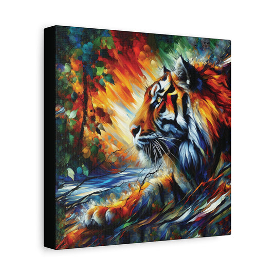 Colorful painting of a tiger in a forest setting on a colorful  background